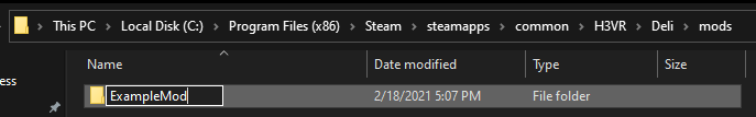 Example of creating a subdirectory in Deli/mods/