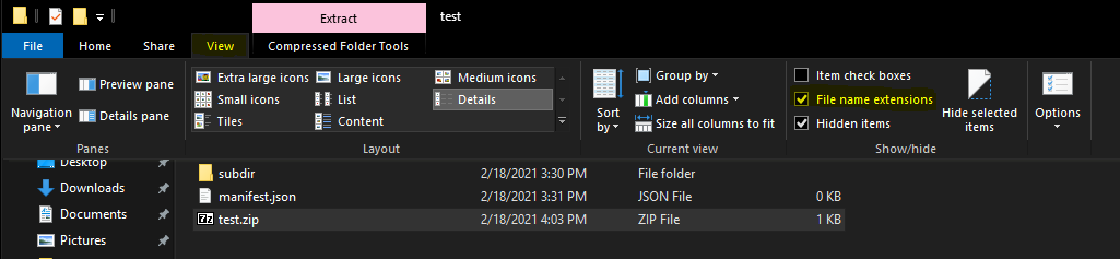 Highlighted options showing how to enable "File name extensions"